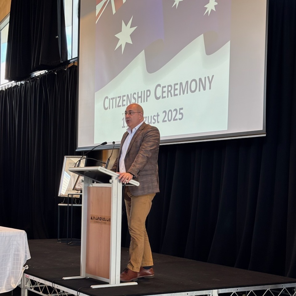Aldo speaking at Kingborough Citizenship Ceremony August 2025