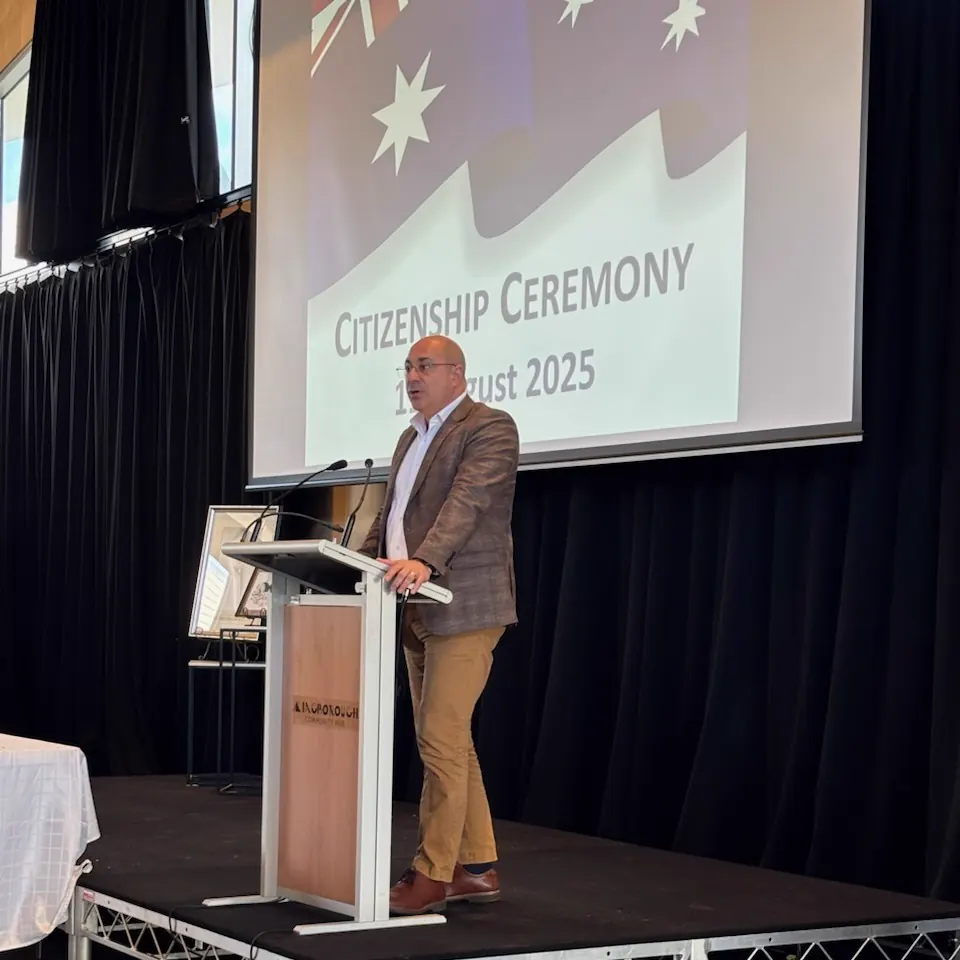 Aldo speaking at Kingborough Citizenship Ceremony August 2025