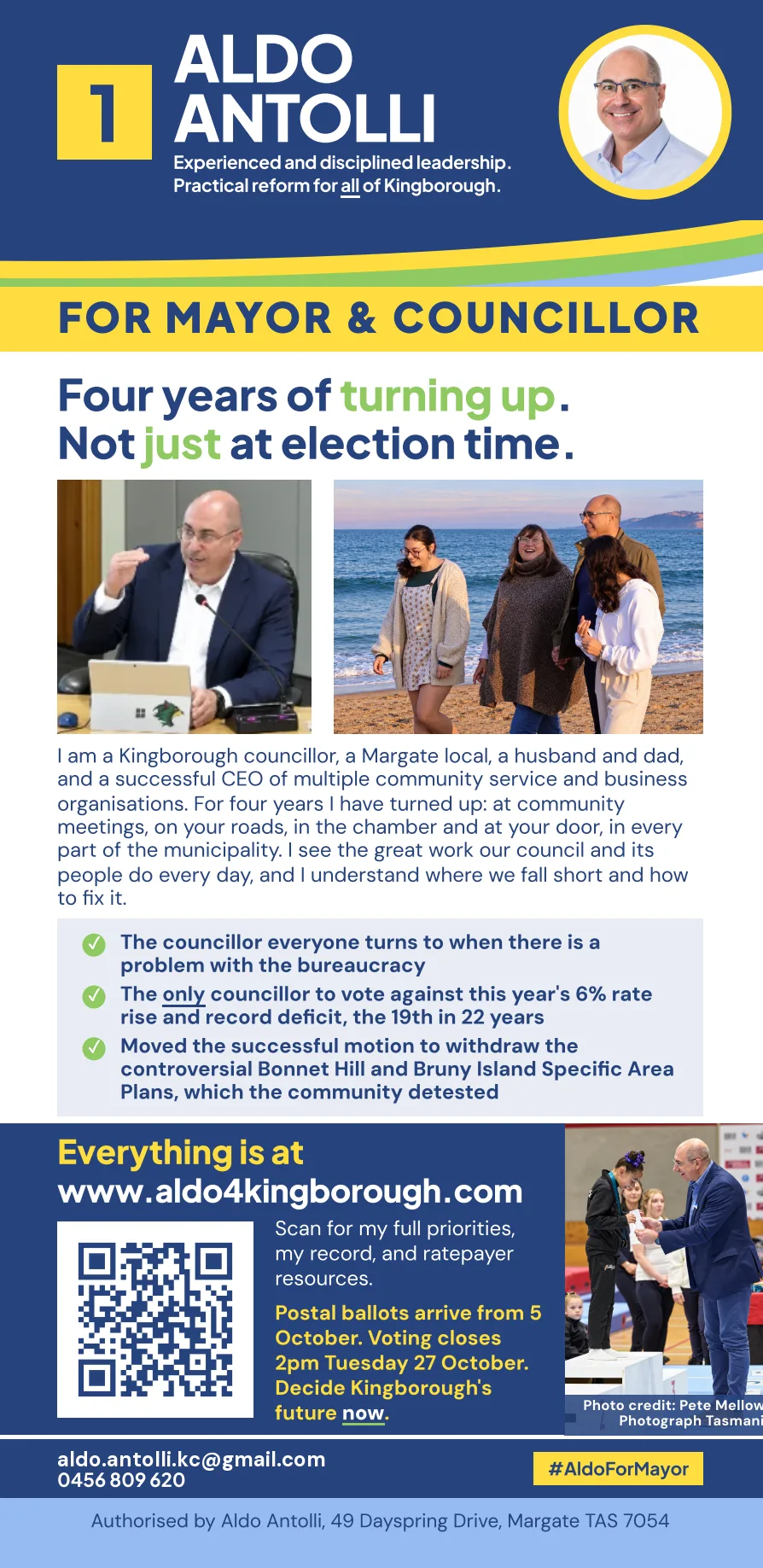Front of the flyer: Aldo Antolli, Vote 1, for Mayor and Councillor