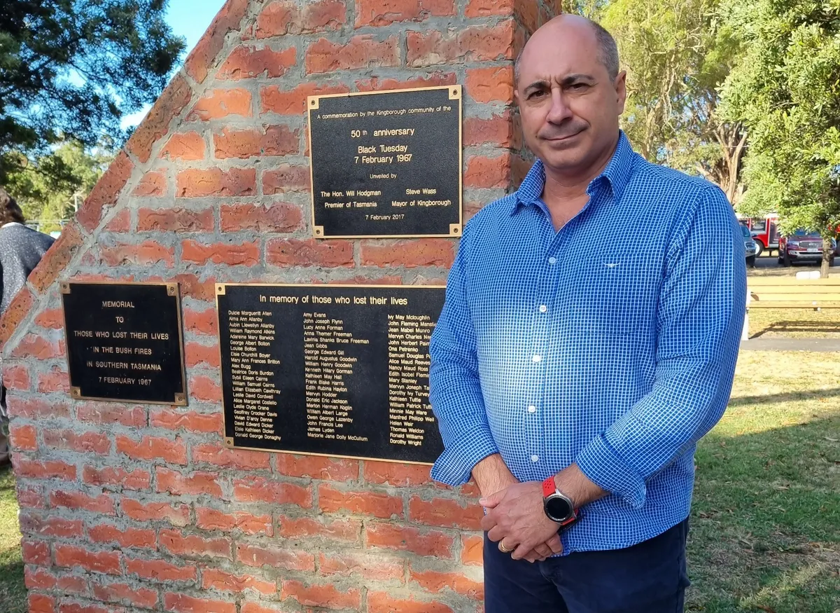 Aldo Antolli at the 1967 bushfire memorial at Snug
