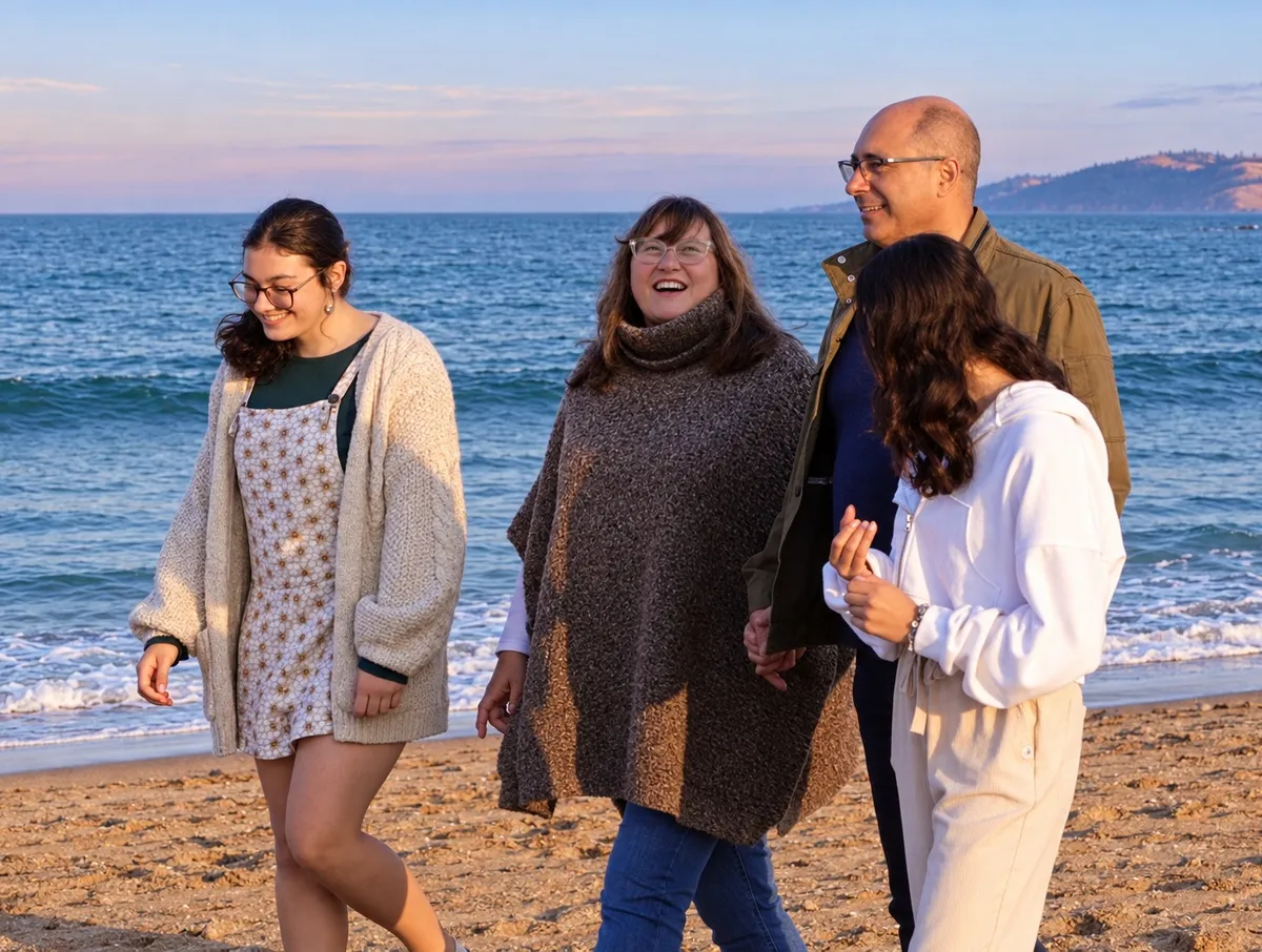 Aldo Antolli walking on the beach with his family