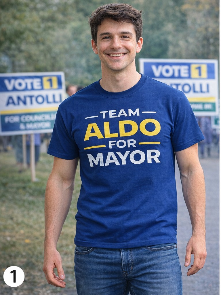 Campaign supporter wearing Team Aldo for Mayor T-shirt